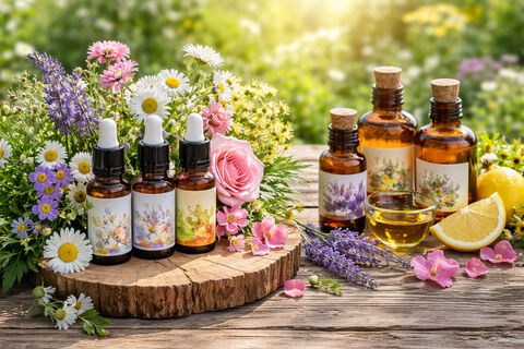 Illustration Naturheilkunde mit Blüten, Pflanzen